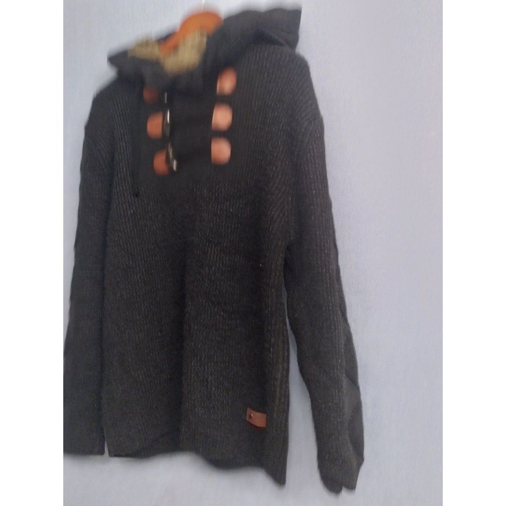 Charcoal Gray Knit Sweater with Toggle Buttons & Faux Fur Hood Winter Pullover